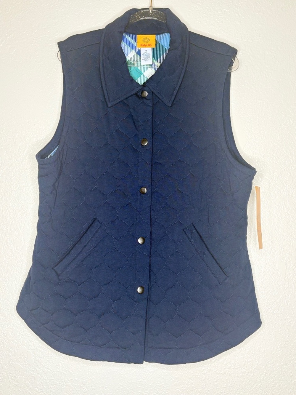 Ruby Rd Quilted Vest Women's Medium Navy Snap Front Lightweight Plaid Lined